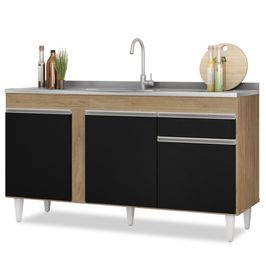 Balcão Gabinete com Pia Inox 150cm 3 Portas 1 Gaveta Dakota Castanho/Preto - Lumil