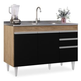 Balcão Gabinete Para Pia 120cm sem Tampo 3 Portas 2 Gavetas Michigan Castanho/Preto - Lumil