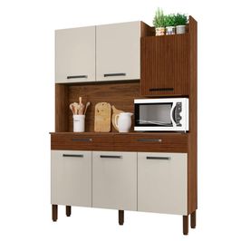 Armário de Cozinha Compacta 132cm Stella K02 Nogueira/Off White/Ripado - Mpozenato