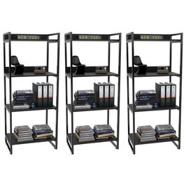 Kit 3 Estante Livreiro Prisma Estilo Industrial 60cm 4 Prateleiras C08 Preto Onix - Mpozenato