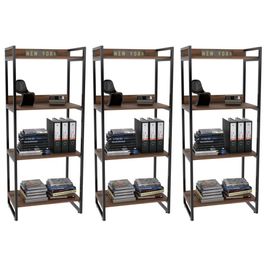 Kit 3 Estante Livreiro Prisma Estilo Industrial 60cm 4 Prateleiras C08 Nogal - Mpozenato