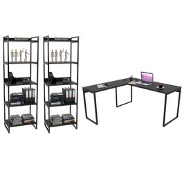 Conjunto Escritório Estilo Industrial Mesa 150x150cm e 2 Estantes 60cm 5 Prateleiras Prisma C08 Preto Onix - Mpozenato