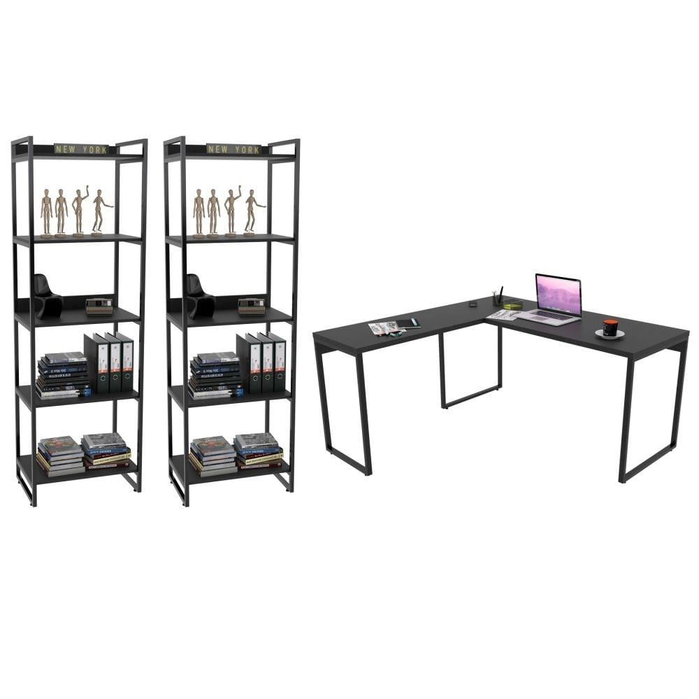 Kit Escritório Estilo Industrial Mesa e 2 Estantes Preto Onix