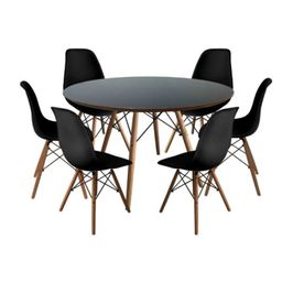 Conjunto de Mesa de Jantar Eames Eiffel Redonda 120cm Tampo de Madeira Preto com 6 Cadeiras Pretas