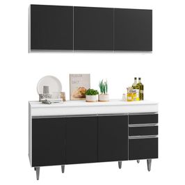 Armário Aéreo Argélia e Balcão Gabinete Para Pia 150cm com Tampo Marrocos  Branco/Preto - Lumil Móveis
