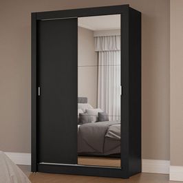 Guarda-Roupa Solteiro 2 Portas de Correr com Espelho Preto Milano Madesa Preto