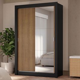 Guarda-Roupa Solteiro 2 Portas de Correr com Espelho 4 Gavetas Preto/Rustic Vivare Plus Madesa Preto/Rustic