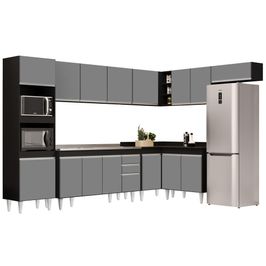 Armário de Cozinha Modulada de Canto 8 Peças CP09 Balcão com Pia Inox Preto/Cinza - Lumil