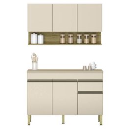 Armário de Cozinha e Balcão com Tampo 150cm Lina K02 Vanilla/Freijó - Mpozenato