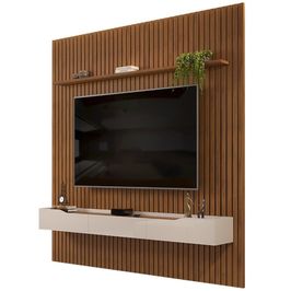 Painel para TV 75 Pol Ripado com Bancada Suspensa 250x240cm Pratisk D04 Freijó/Off White - Mpozenato