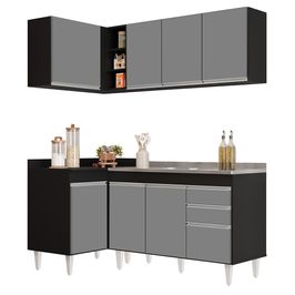 Armário de Cozinha Modulado de Canto Direito 4 Peças CP39 com Pia Inox Preto/Cinza - Lumil
