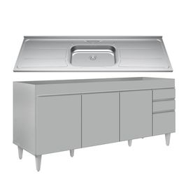 Balcão de Cozinha Com Pia Inox 180cm 4 Portas Dallas Cinza Claro - Lumil