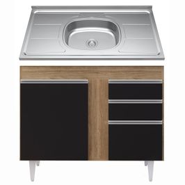 Balcão Gabinete Com Pia Inox 100cm 2 Portas 2 Gavetas Luziania Castanho/Preto - Lumil