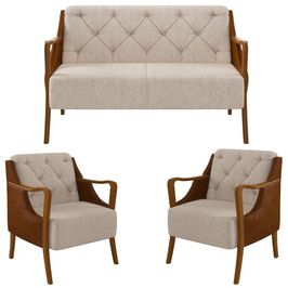 Kit Namoradeira 135cm e 2 Poltronas Decorativas Capitonê Lapa M22 PU Camel/Linho Cru - Mpozenato