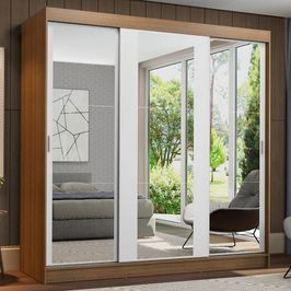 Guarda-Roupa Casal Madesa Reno 3 Portas de Correr de Espelho - Rustic/Branco Rustic/Branco