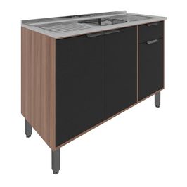 Balcão para Pia Móveis Sul Raíssa 120cm 3 Portas 1 Gaveta MDP 5191 Nogal/Preto