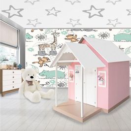 Casinha de Brinquedo Artesanal MDF com Telhado Branco/Rosa L12 - Gran Belo