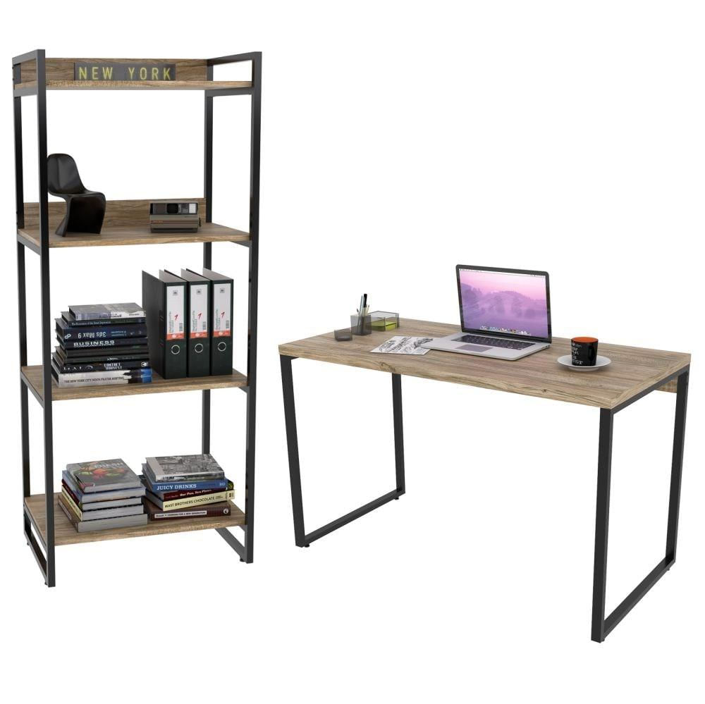 Kit Escritório Estilo Industrial Mesa e Estante Carvalho