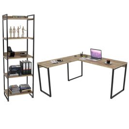 Conjunto Escritório Estilo Industrial Mesa 150x150cm e Estante 60cm 5 Prateleiras Prisma C08 Carvalho - Mpozenato