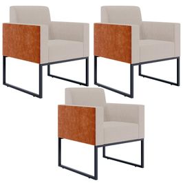 Kit 03 Poltronas Decorativas Sala Base fixa Metal Helô L02 Linho Bege Couríssimo Camel - Lyam Decor