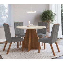 Conjunto Mesa Zamarchi Joli Velveten 4 Cadeiras Tampo Vidro | Canela Off White/Cinza (S/V)