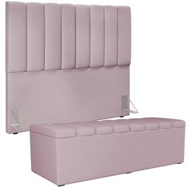Kit Cabeceira Cama Box Casal 140cm Com Calçadeira Recamier Baú Dália W01 Suede Rosê - Lyam Decor