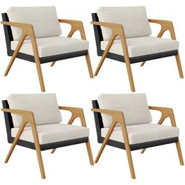 Kit 04 Poltronas Decorativas Sala Estar Pietra L02 Couríssimo Preto Linho Champagne - Lyam Decor