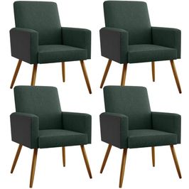 Kit 04 Poltronas Decorativa Maria W01 Pés Palito Linho Verde Musgo Couríssimo Preto - Lyam Decor