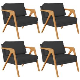 Kit 04 Poltronas Decorativa Para Sala Estar Pietra Estrutura De Madeira L02 Suede Preto - Lyam Decor