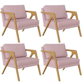 Kit 04 Poltronas Decorativas Para Sala Estar Pietra Estrutura De Madeira L02 Suede Rosê - Lyam Decor