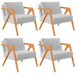 Kit 04 Poltronas Decorativa Para Sala Estar Pietra Estrutura De Madeira L02 Linho Cinza - Lyam Decor