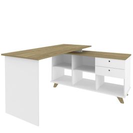 Mesa Para Escritório Home Office Escrivaninha Gold A02 Branco Olmo 02 Gavetas  - Lyam Decor