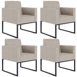 Kit 04 Poltronas Decorativas para Sala Recepção Base Fixa De Metal Helô L02 Linho Bege - Lyam Decor