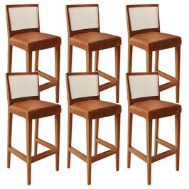 Kit 06 Banquetas Alta Para Cozinha Encosto em Tela Branco Zion L02 Couríssimo Camel - Lyam Decor