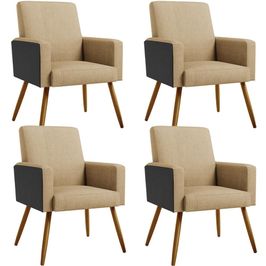 Kit 04 Poltronas Decorativa Maria W01 Pés Palito Linho Bege Escuro Couríssimo Preto - Lyam Decor