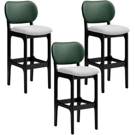Kit 3 Banquetas Alta Bar Cozinha Sala Jantar Betta L02 Preto Facto Verde Linho Cinza - Lyam Decor