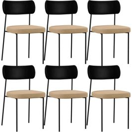 Kit 06 Cadeiras Para Sala De Jantar Melina L02 Couríssimo Preto Linho Bege Escuro - Lyam Decor