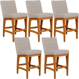 Kit 05 Banquetas Baixa Para Cozinha Bancada Bar Sala Jantar Fixa Mila L02 Linho Bege - Lyam Decor