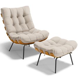 Poltrona Costela L02 com Puff Sala de Estar Linho Cru  - Lyam Decor