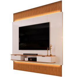Painel Para TV 85 Pol com Bancada Suspensa e LED Bit D05 Freijó Off White - Lyam Decor