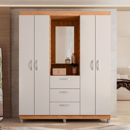 Guarda Roupa Casal 4 Portas 3 Gavetas Capelinha com Espelho Clapton Caemmun Freijo/off white